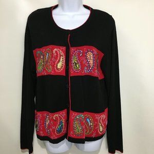 Jack B Quick PL Black Red Paisleys Sequins Beads Cardigan Vintage Button FLAWS